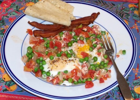 Eggs Poached in RoTel with Peas